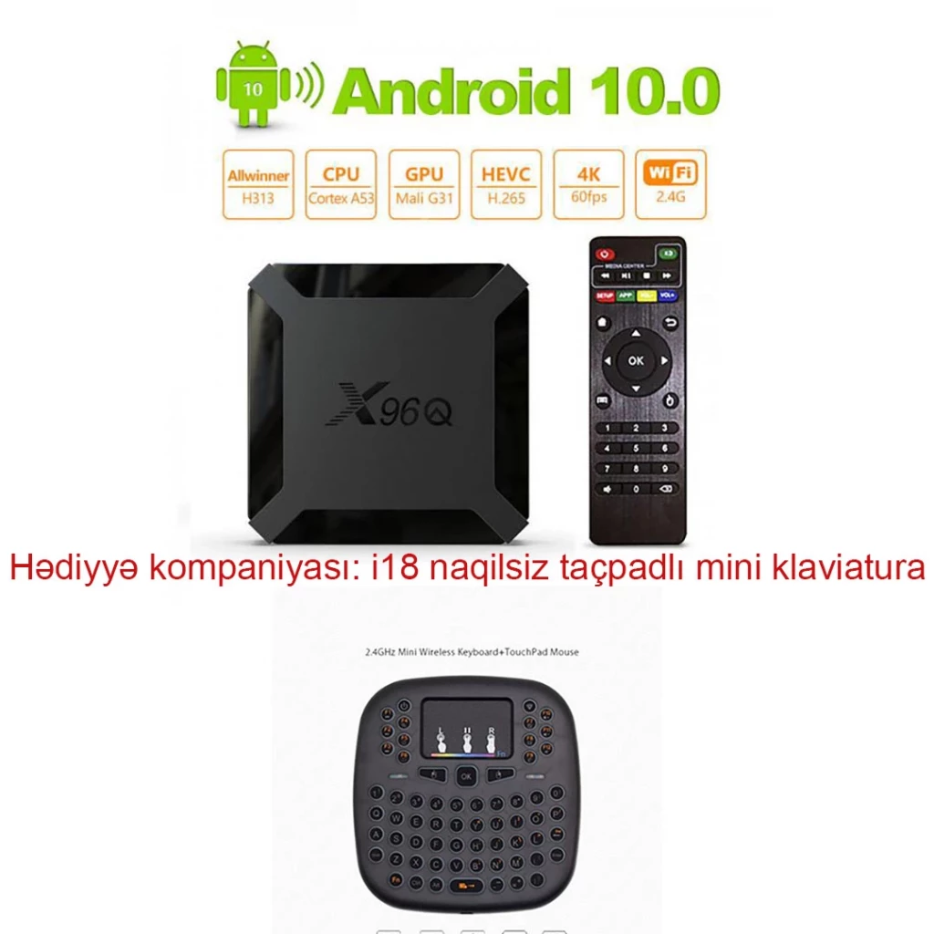 Amlogic S905W Android smart TV-Box X96Q 4k 4/64 GB Android 10. Hədiyyə kompaniya: i18 naqilsiz mini klaviatura